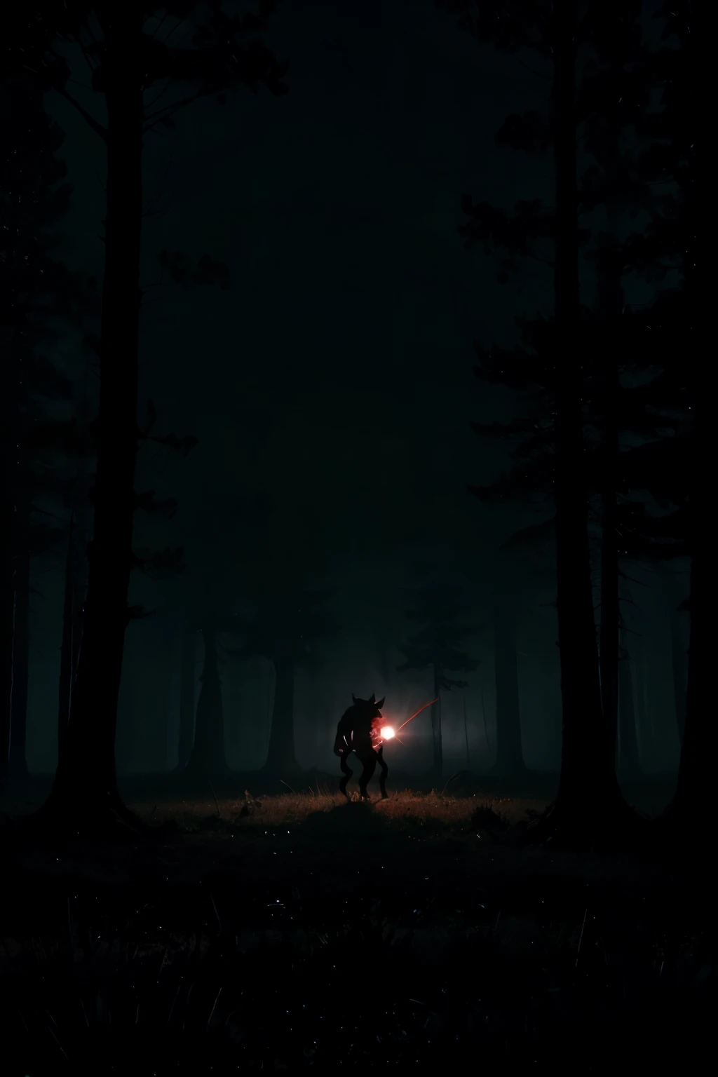 a werewolf standing tall in the middle of a dark forest full of fog. In the distance, you could see the silhouettes of vampires attacking in large numbers, with glowing red eyes