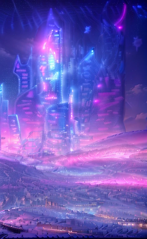 Masterpiece, 12k, uhd, photorealistic, a ultra beautiful suggestive landscape, with snow hills, snow land, futuristic metropolis in background, with skycrapers, night sky with stars, pink boreal aurora in the sky, light neon effects, cyberpunk dreaming atmosphere, (3D rendering buildings), seems real, blue and pink sky and snow colors