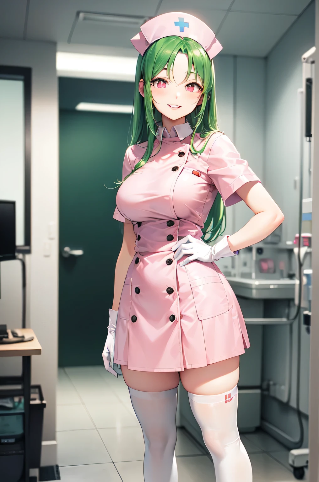 1woman, solo, nurse, white nurse cap, white nurse uniform, ((white legwear, zettai ryouiki)), white gloves, forehead, long hair, green hair, pink eyes, pink lips, smile, standing, ((hospital room)), sharp outline, short sleeves, mature female, 35 years old, best quality, masterpiece