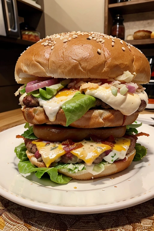 2 burgers, cheese, mozzarella, bacon, lettuce, onion, sesame seed bread and tomato