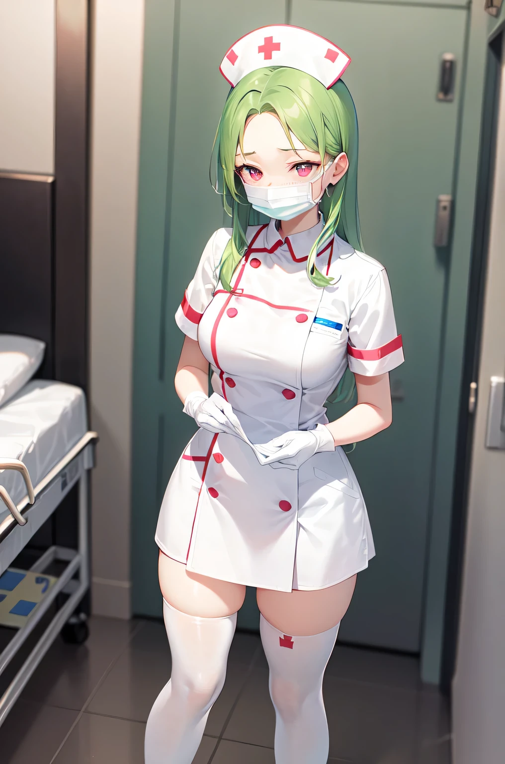 1woman, solo, nurse, white nurse cap, white nurse uniform, ((white legwear, zettai ryouiki)), white gloves, forehead, long hair, green hair, pink eyes, ((white surgical mask, covered nose)), standing, ((hospital room)), sharp outline, short sleeves, mature female, 35 years old, best quality, masterpiece