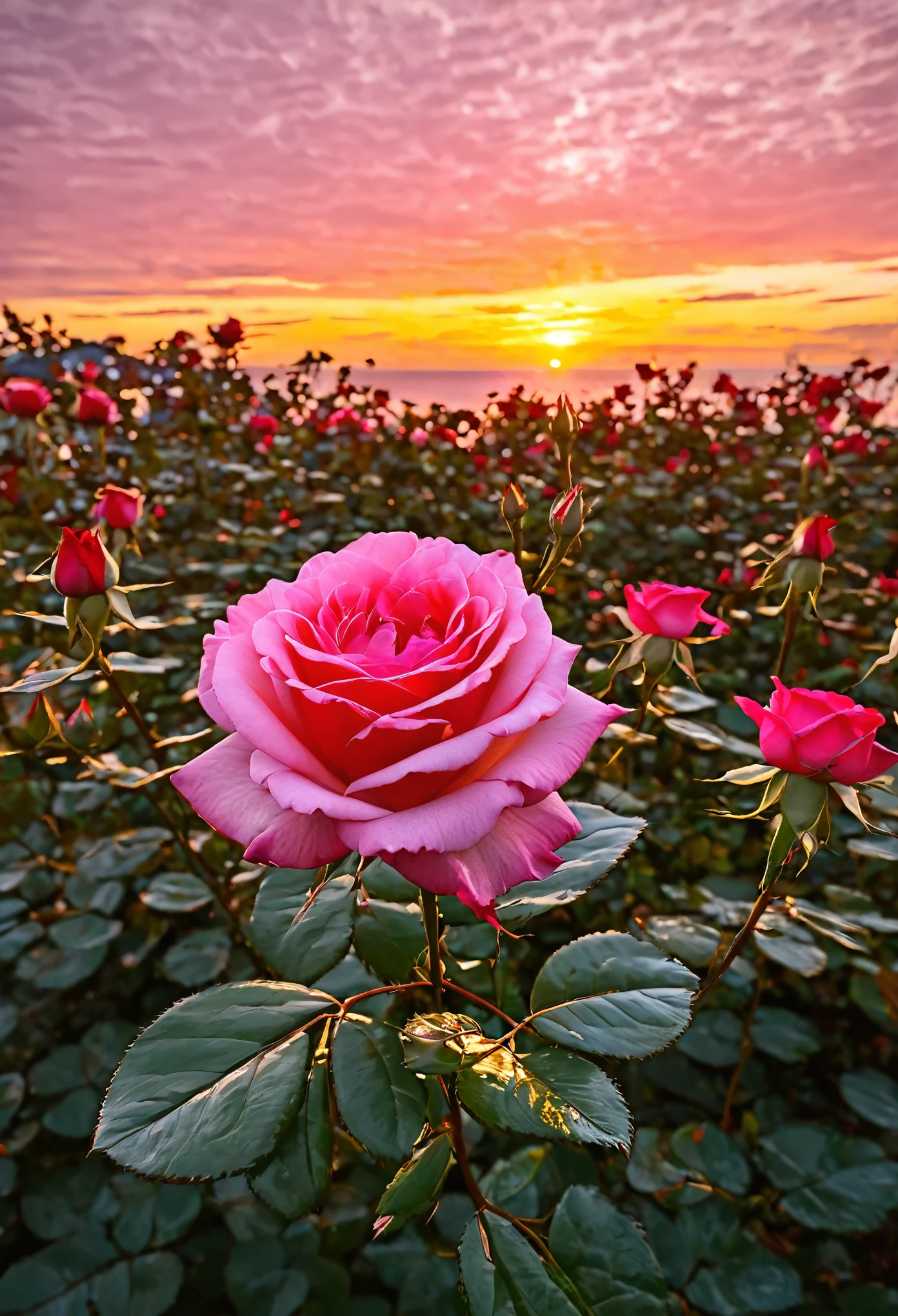 uma rosa dourada central, em meio a rosas vermelhas, with a sunset in the background, estilo aquarela