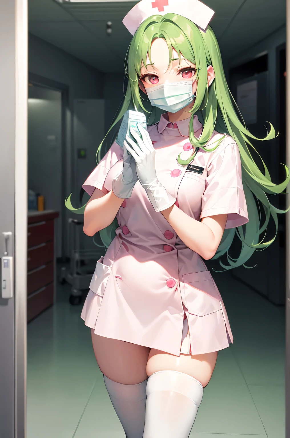 1woman, solo, nurse, white nurse cap, white nurse uniform, ((white legwear, zettai ryouiki)), white gloves, forehead, long hair, green hair, pink eyes, ((white surgical mask, covered nose)), standing, ((hospital room)), sharp outline, short sleeves, mature female, 35 years old, best quality, masterpiece