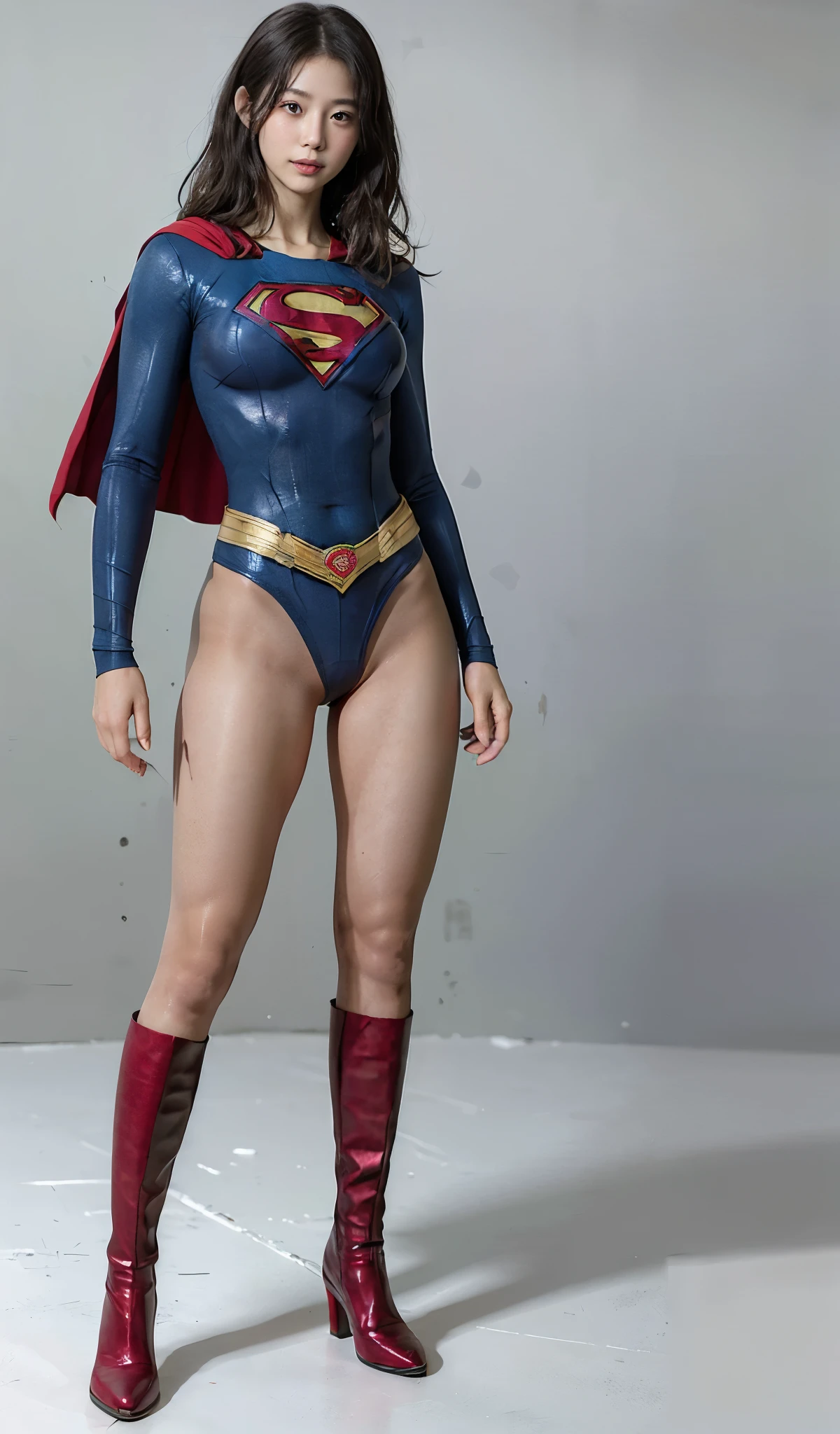 No background、(((Beautiful legs in black tights.)))、(((Legally express the beauty of your smile)))、((((Make the most of your original images)))、(((Supergirl Costume)))、(((Beautiful short bob hair)))、(((suffering)))、(((Please wear black tights....、Wear red boots)))、((Best image quality、8k))、((highest quality、8k、masterpiece:1.3))、(((Preserve background )))、Sharp focus:1.2、Beautiful woman with perfect figure:1.4、Slim Abs:1.2、Wet body:1.5、Highly detailed face and skin texture、8k