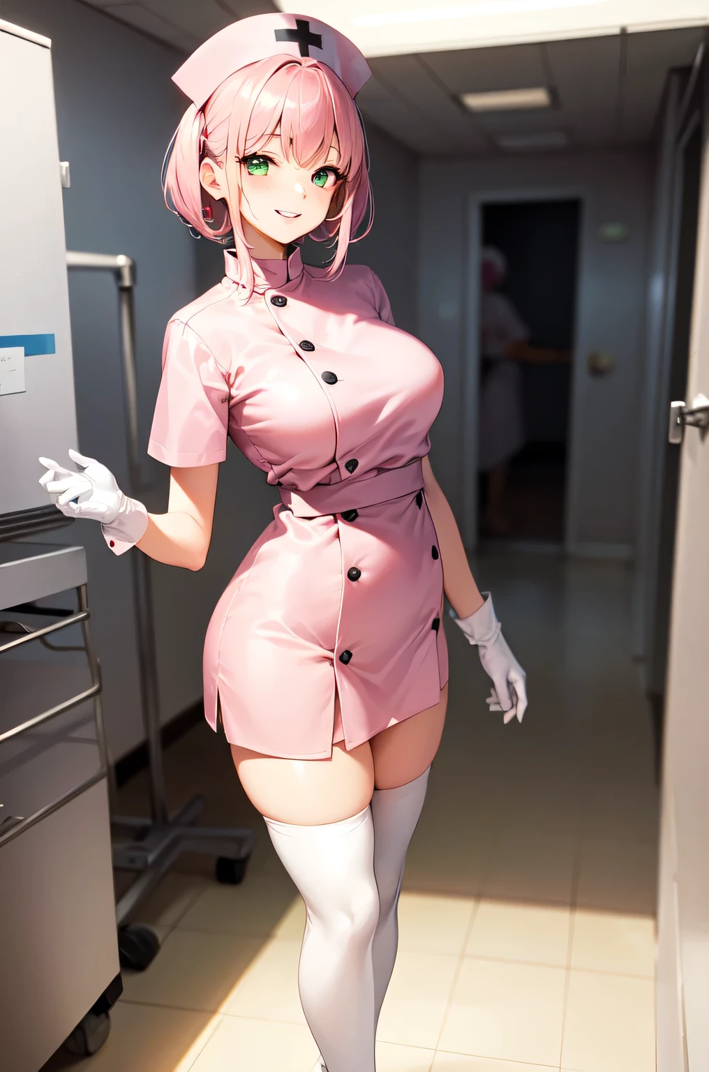 1woman, solo, nurse, white nurse cap, white nurse uniform, ((white legwear, zettai ryouiki)), white gloves, pink hair, green eyes, drooping eyes, pink lips, smile, standing, ((hospital room)), sharp outline, short sleeves, mature female, 32 years old, best quality, masterpiece