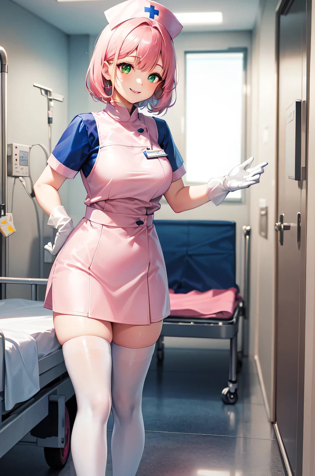 1woman, solo, nurse, white nurse cap, white nurse uniform, ((white legwear, zettai ryouiki)), white gloves, pink hair, green eyes, drooping eyes, pink lips, smile, standing, ((hospital room)), sharp outline, short sleeves, mature female, 32 years old, best quality, masterpiece