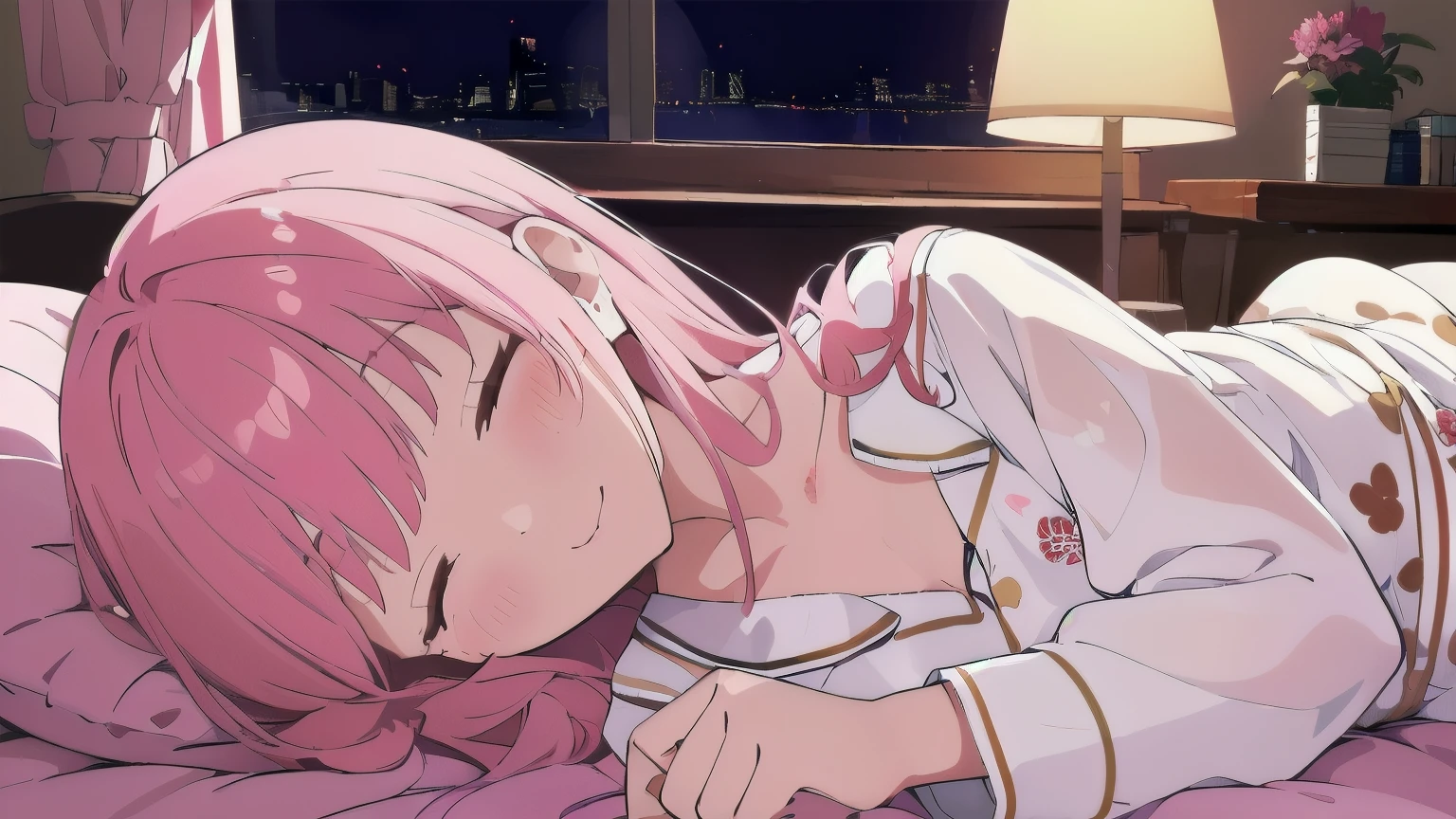 Very detailed, Detailed Background, (highest quality, masterpiece, High resolution), One girl, smile, Mid-chest, Pink Hair, Upper Body, (White pajamas:1.4), long hair、 (night:1.4)、 Dimly lit room, Co-sleeping style