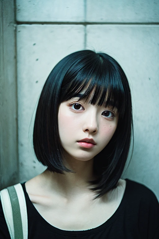 1 girl、Black-haired、Straight Bangs、Bob Cut Hair、Concrete walls and floors、Portrait、Transcendental Silence、Depth of written boundary、Absurd、Hmph、Ultra-detailed illustrations、Highly detailed face、Raw photo、Film Grain、deviantart Trends、