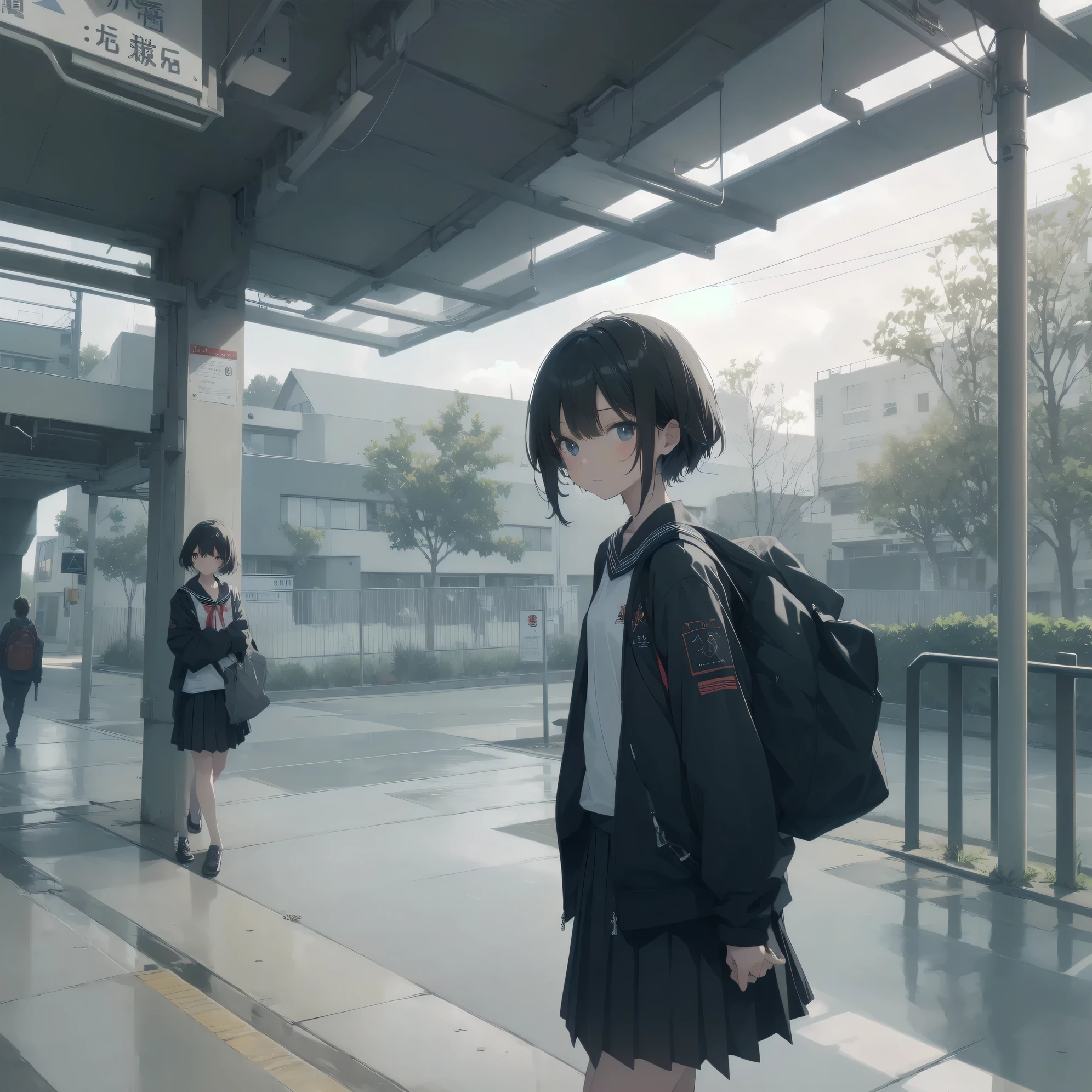 ultra-absurdres-Top quality by artist God, ultra-detailed, high resolution, anime moe artstyle, best anime 8k konachan wallpaper, pixiv contest winner, pool:2810, perfect ???????,break, 1girl, (Please draw a girl walking sleepily to school alone. )break,(Solo,little female, 13-year-old:1.3),Full limbs, complete fingers,a junior high school student, (very short hair), short cut, flat chest, , small butt, small black eyes, beautiful detailed eyes, well-proportioned iris and pupils, expressive eyes, highres detailed hair, soft expression, salor school_uniform, sailor collar, serahuku, bow, pleated skirt,(Detailed Lighting), (Detailed background), in the School commute route. break,super detailed skin, Best cinematic lighting powered by famous artist, 8k,beauty illustration,photoshop_(medium),very aesthetic,break,((artist:kouno_(masao) )), artist:clamp ,artist:carnelian ,artist:kantoku ,
