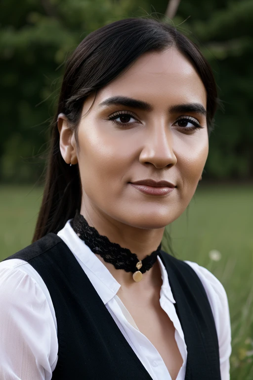 a woman with long flowing black hair, piercing eyes, a prominent unibrow, rosy cheeks, eating a juicy red apple, wearing a Victorian-style vest and lace collar, standing in a lush meadow with a unicorn, (best quality,4k,8k,highres,masterpiece:1.2),ultra-detailed,(realistic,photorealistic,photo-realistic:1.37),intricate details, striking colors, dramatic lighting