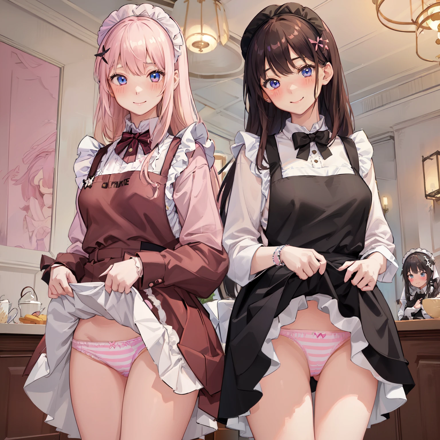 highest quality、masterpiece、((2 girls:1.5))、((smile:1.3))、(blush:1.3)、Black Shirt、blouse、((fun!!))、(Small breasts)、()、Blonde、(Long sleeve)、((White apron:1.5))、((Maid))、((hair ornaments)),、Kamimei、look at me、 ((in house:1.5))、 Taking a break from watching the audience、Cowboy Shot、(Skirt lift:1.3),(Highly detailed pink striped panties:1.3)、(Highly detailed panties:1.3)、、(スカート that rolls up:1.3)、(Panties fully exposed:1.5)、Light blue eyes、long hair、Glowing Eyes