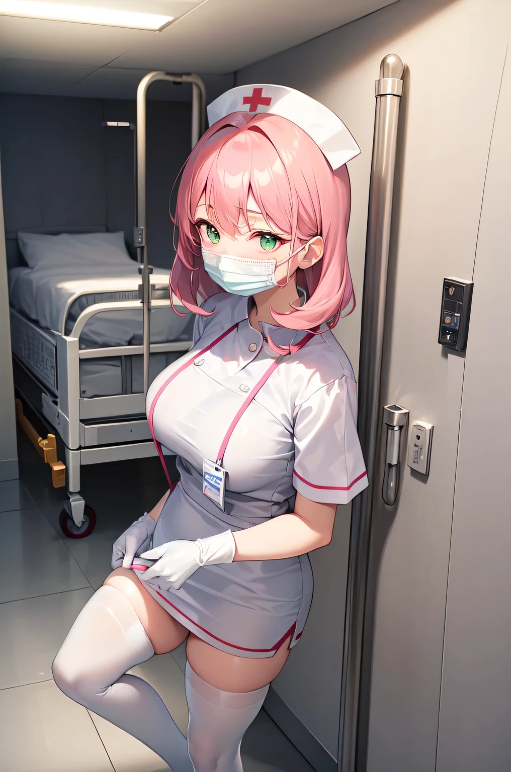 1woman, solo, nurse, white nurse cap, white nurse uniform, ((white legwear, zettai ryouiki)), white gloves, pink hair, green eyes, drooping eyes, ((white surgical mask, covered nose)), standing, ((hospital room)), sharp outline, short sleeves, mature female, 32 years old, best quality, masterpiece