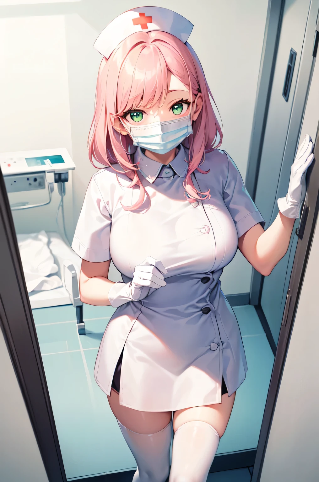 1woman, solo, nurse, white nurse cap, white nurse uniform, ((white legwear, zettai ryouiki)), white gloves, pink hair, green eyes, drooping eyes, ((white surgical mask, covered nose)), standing, ((hospital room)), sharp outline, short sleeves, mature female, 32 years old, best quality, masterpiece