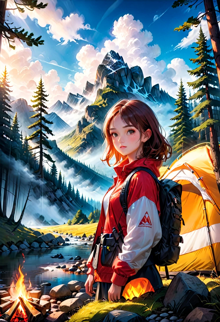 A beautiful girl in the mountains, outdoor camping, detailed face, high quality, realistic, photorealistic, 8k, ultra-detailed, vibrant colors, dramatic lighting, golden hour, dramatic shadows, fog, mist, campfire, outdoor gear, hiking backpack, sleeping bag, tent, forest, pine trees, rocky cliffs, river, reflection, cinematic composition