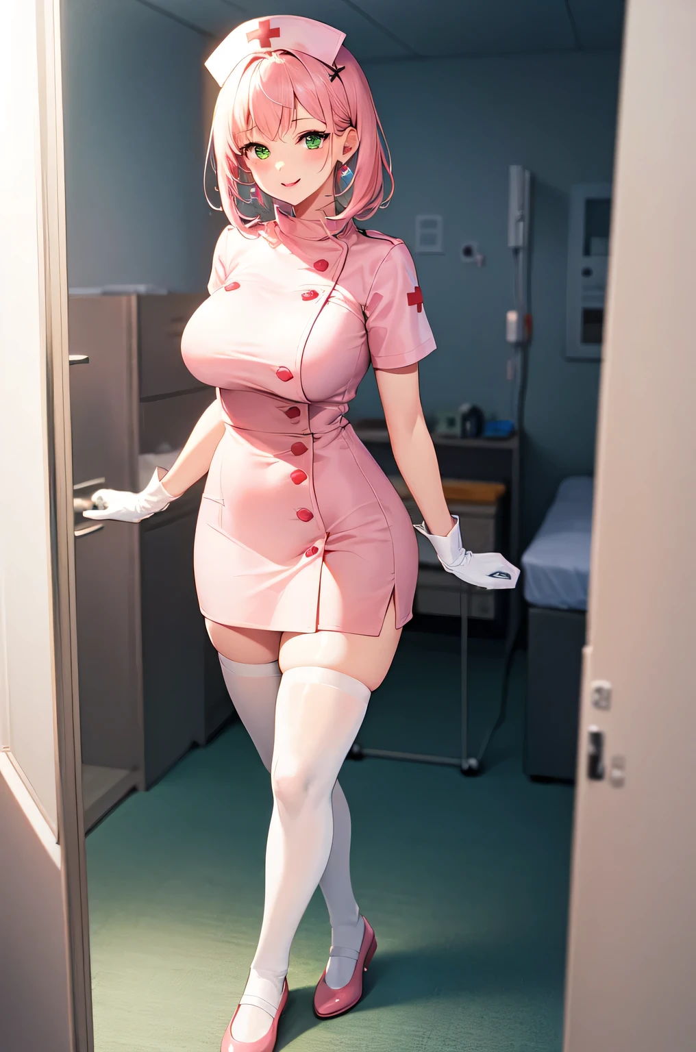 1woman, solo, nurse, white nurse cap, white nurse uniform, ((white legwear, zettai ryouiki)), white gloves, pink hair, green eyes, drooping eyes, pink lips, smile, standing, ((hospital room)), sharp outline, short sleeves, mature female, 32 years old, best quality, masterpiece