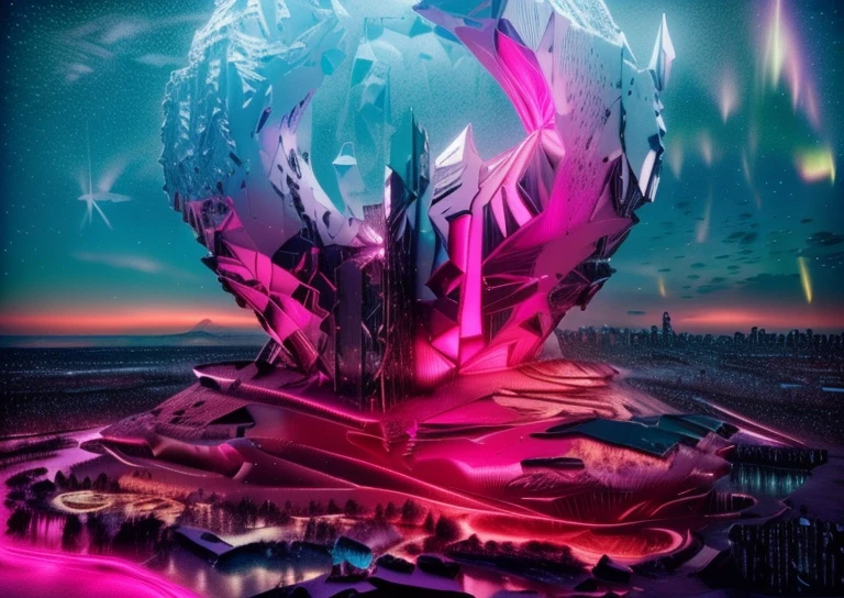 Masterpiece, 12k, uhd, photorealistic, a ultra beautiful suggestive landscape, with snow hills, snow land, futuristic metropolis in background, with skycrapers, night sky with stars, pink boreal aurora in the sky, light neon effects, cyberpunk dreaming atmosphere, (3D rendering buildings), seems real, blue and pink sky and snow colors