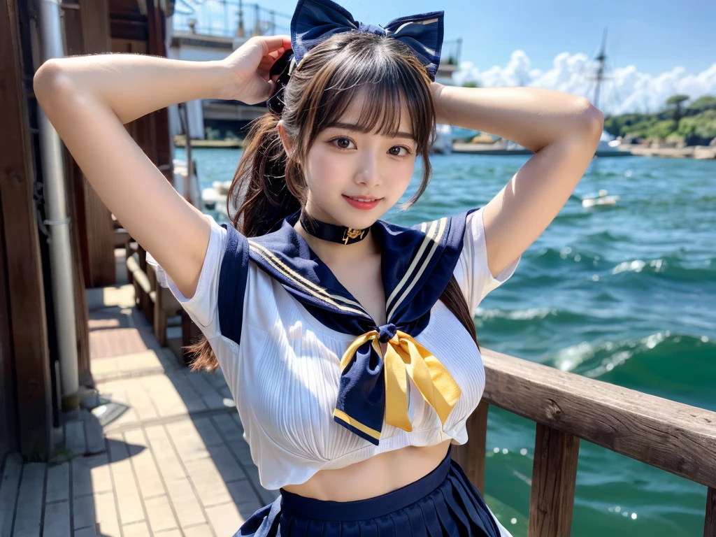 (((very heavy chest))),NSFW, 16k raw photos, highest quality, masterpiece, ultra high resolution, ((She is wearing Beautiful exposed redShe is wearing (a high school sailor uniform).
(navy sailor collar:1.4),(white shirt:1.4),(navy pleats skirt:1.4),(navy bow:1.4))).movie, ((2 girls, , 2 schoolgirls)),((attractive expression)),eyes shine、 looking at the viewer, natural skin texture very heavy chest))),((( metal black ribbon around the neck))).star handle mold、((yellow eyes)),Realistic eye and face details, lip whole, lipstick makeup), fluffy ponytail hair, laughter, Beautiful feet, tall woman, ((glowing skin)),((Beautiful armpit)), slim_feet, huge breasts, cleavage, beautiful natural places, beautiful flower garden、(detailed background,highly exposed, huge breasts, blurred background,, JK ribbon on the neck, jk ribbon, golden hair, bracelet, water, bangs, split your lips、armpit、beautiful hip line、glowing skin、(((eyes shine brightly))),lotion skin、High leg、((black hair)),highly exposed、Skimpy pink luxury fur coat、beautiful sea background、wind effect、