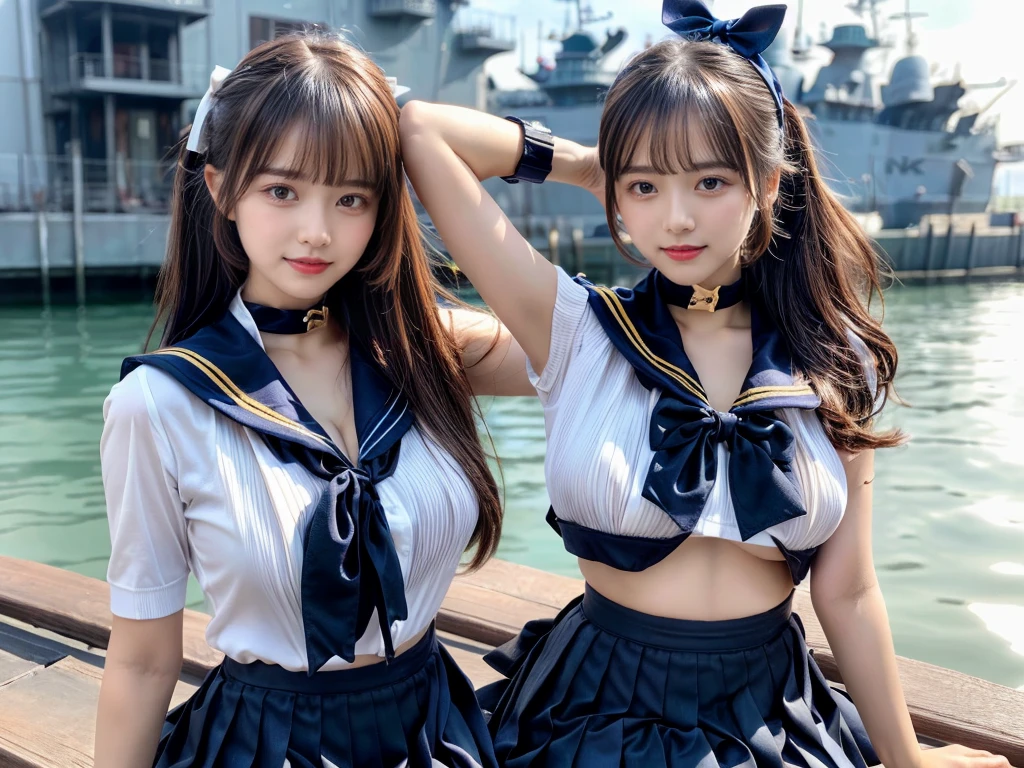 (((very heavy chest))),NSFW, 16k raw photos, highest quality, masterpiece, ultra high resolution, ((She is wearing Beautiful exposed redShe is wearing (a high school sailor uniform).
(navy sailor collar:1.4),(white shirt:1.4),(navy pleats skirt:1.4),(navy bow:1.4))).movie, ((2 girls, , 2 girls)),((attractive expression)),eyes shine、 looking at the viewer, natural skin texture very heavy chest))),((( metal black ribbon around the neck))).star handle mold、((yellow eyes)),Realistic eye and face details, lip whole, lipstick makeup), fluffy ponytail hair, laughter, Beautiful feet, tall woman, ((glowing skin)),((Beautiful armpit)), slim_feet, huge breasts, cleavage, beautiful natural places, beautiful flower garden、(detailed background,highly exposed, huge breasts, blurred background,, JK ribbon on the neck, jk ribbon, golden hair, bracelet, water, bangs, split your lips、armpit、beautiful hip line、glowing skin、(((eyes shine brightly))),lotion skin、High leg、((black hair)),highly exposed、Skimpy pink luxury fur coat、beautiful sea background、wind effect、