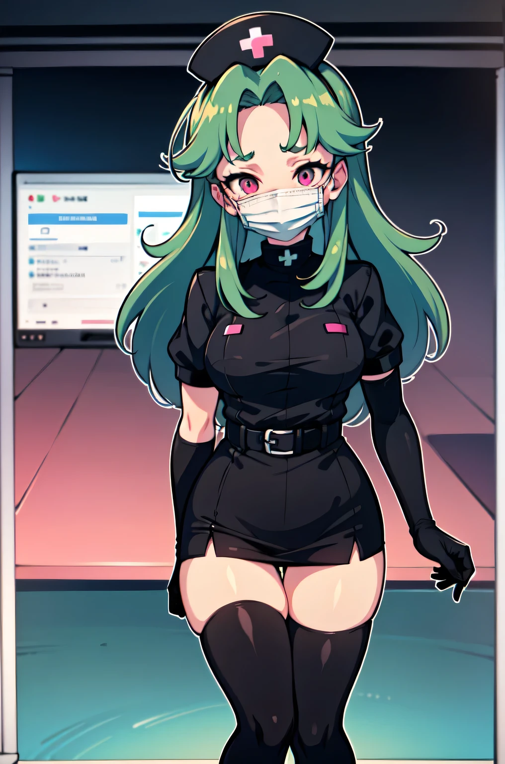 black nurse, 1woman, solo, black nurse cap, black nurse uniform, ((black legwear, zettai ryouiki)), black elbow gloves, forehead, long hair, green hair, pink eyes, ((black surgical mask, covered nose)), standing, ((surgery room)), sharp outline, short sleeves, mature female, 35 years old, best quality, masterpiece