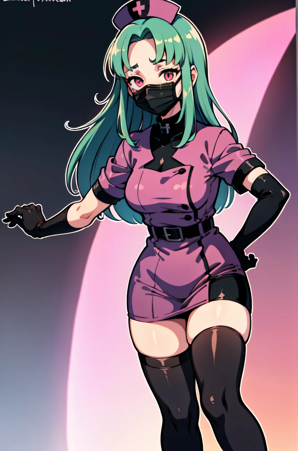 black nurse, 1woman, solo, black nurse cap, black nurse uniform, ((black legwear, zettai ryouiki)), black elbow gloves, forehead, long hair, green hair, pink eyes, ((black surgical mask, covered nose)), standing, ((surgery room)), sharp outline, short sleeves, mature female, 35 years old, best quality, masterpiece