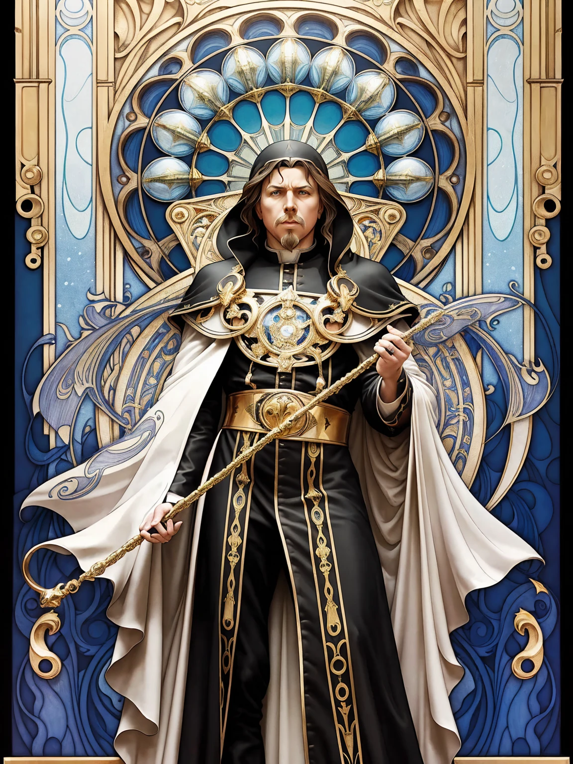 ((Art Nouveau Style)); James Hetfield as a Heavy Metal Pope in a stoic pose; ((Traditional Heavy Metal Pope outfit)); standing; ((Traditional Heavy Metal style)); ultrarealistic skin, ultrarealistic face; ultrarealistic body; ((ultrarealistic gold ornaments)); detailed skin; ultra detailed eyes; ultra detailed face; full body symmetrical with thick lines, Fibonacci, golden ratio, 3D metal structure tessellation, neural graphic, neurons, color, love, passion, incredibly detailed, 8k, masterpiece, artstation, surreal
