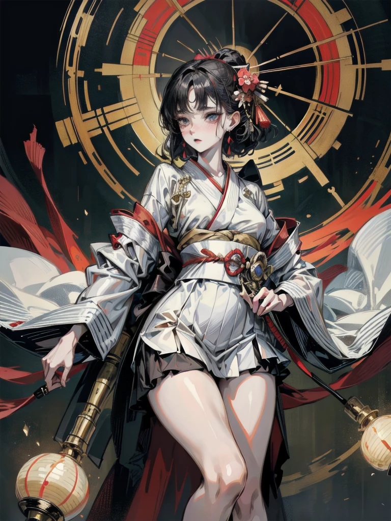 whole body, wearing a kimono costume, wearing aristocrat robe, in a kimono, wearing a haori, in a kimono, wearing black robe、Red earrings、Taisho Era、Taisho Modern、Modern kimono、absurdres, RAW photo, extremely delicate and beautiful, masterpiece, Best Quality, ultra high resolution, 32k, hyperrealistic, ultra-detailed, perfect figure, perfect shape, detailed description, pale skin, 20 years old, detailed beautiful face and eyes, tearful mole, earring, short medium hair, wavy hair,
