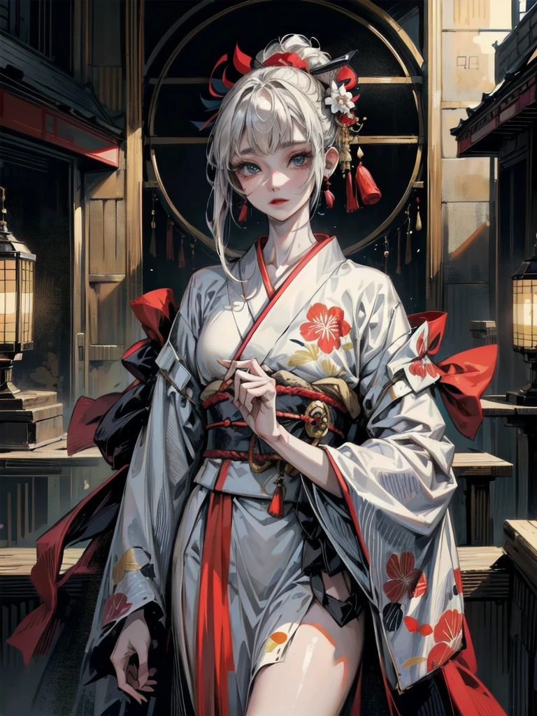 whole body, wearing a kimono costume, wearing aristocrat robe, in a kimono, wearing a haori, in a kimono, wearing black robe、Red earrings、Taisho Era、Taisho Modern、Modern kimono、absurdres, RAW photo, extremely delicate and beautiful, masterpiece, Best Quality, ultra high resolution, 32k, hyperrealistic, ultra-detailed, perfect figure, perfect shape, detailed description, pale skin, 20 years old, detailed beautiful face and eyes, tearful mole, earring, short medium hair, wavy hair,