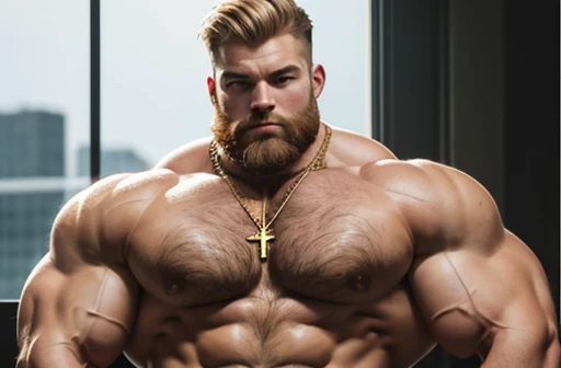 Whole body image of an Absolute monster of a Caucasian bodybuilder is showing off his huge bicep muscles. Huge huge shoulders, he is as broad as he is tall. 30 years old. Blond, close cropped beard, powerfully muscled, massive shoulders and biceps. well-defined six pack. Exceptionally thick gold cross necklace.