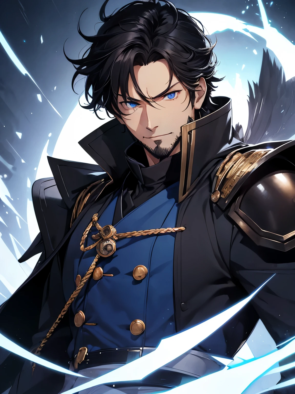 ((dark hair)), ((black hair)), (sideburns), stubble beard, 5 o'clock shadow, dark black hair, a close up of a person wearing a silver armor and a light shirt, handsome guy in fire emblem art, fire emblem artstyle, taisho roman, masamune shiro, casimir art, furio tedesschi, official character art, hijikata toushirou, official art, inspired by Okumura Masanobu, handsome duke, fukaya yuichiro, duke, wyvern, charismatic, sharp eyes, smiling, deceptive, soft chin, young adult, a bit buff, governor, politician, steampunk, snow, alaska, blizzard, desaturated, painted style, ((blue eyes)), (dark blue eyes, cobalt colored eyes)