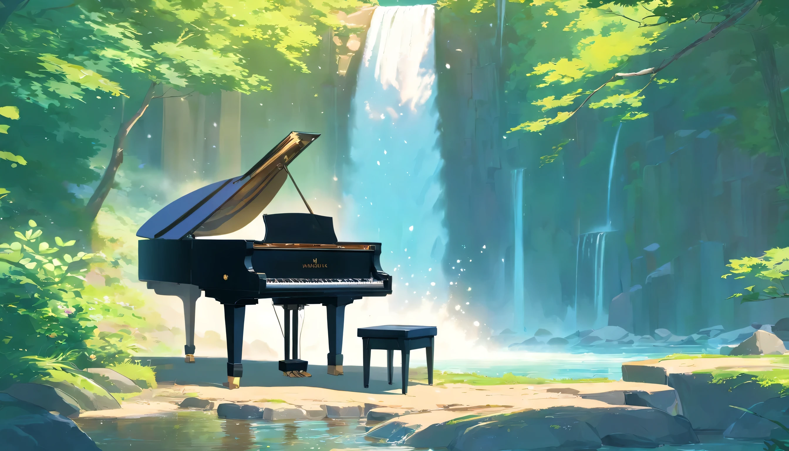 A grand piano placed beside a small stream flowing from a waterfall、Water is splashing from the waterfall、Fresh green tree々Sparkling