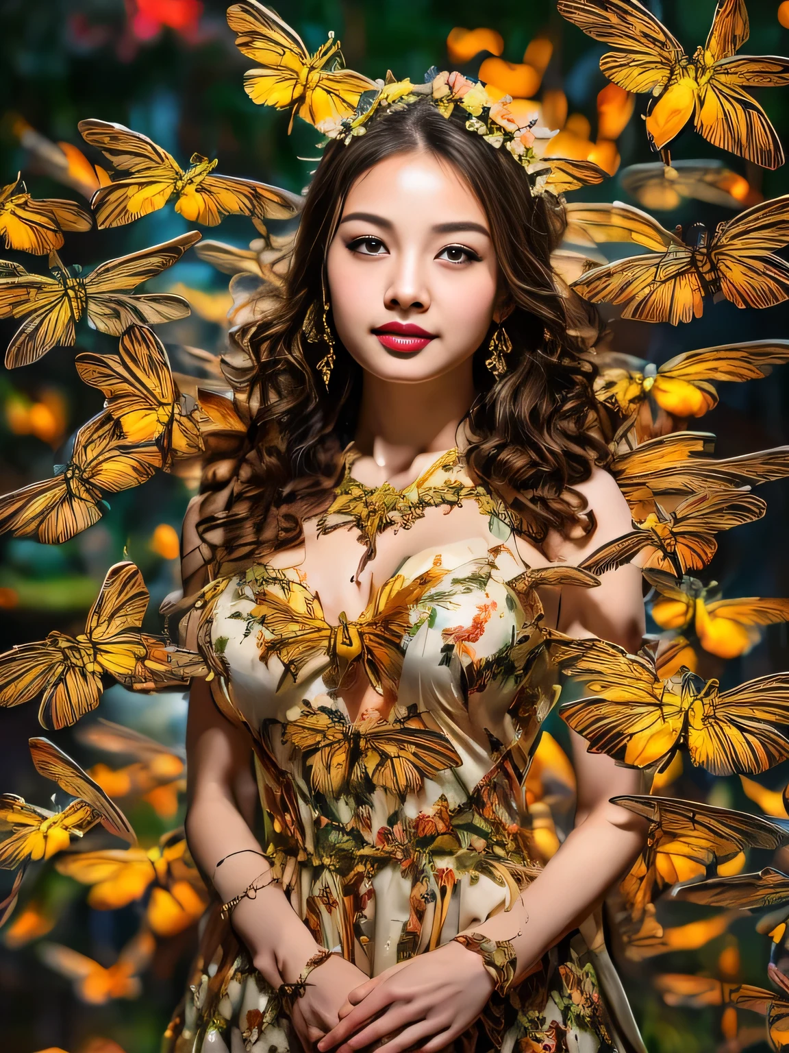 (((8K RAW Photos、Hyper Real、masterpiece、highest quality、Crisp details、High resolution、High detail、Extremely rich in detail、Sharp focus、Sharp details、colorful、Rich colors、Cinematic、Perfect studio lighting、Full body photo)))、(Accurate anatomy)、naked young girl、Smooth body、Ideal body、(Beautiful Face、Detailed and perfect face、Large, even eyeischievous Smile、She is a fairy with a kind and beautiful heart、((Large Breasts、Leg spread、excited、lure、lure、Showing her beautifully shaped nipples))、(In a beautiful garden)、((Fantasy Forest))、((Wide dragonfly wings))、((Aura of happiness emanating from the body))、((Brown eyes、Shining Eyes、))、((Fantasy Land))、((Night World))、((Lots of beautiful fireflies))、Beautiful world、