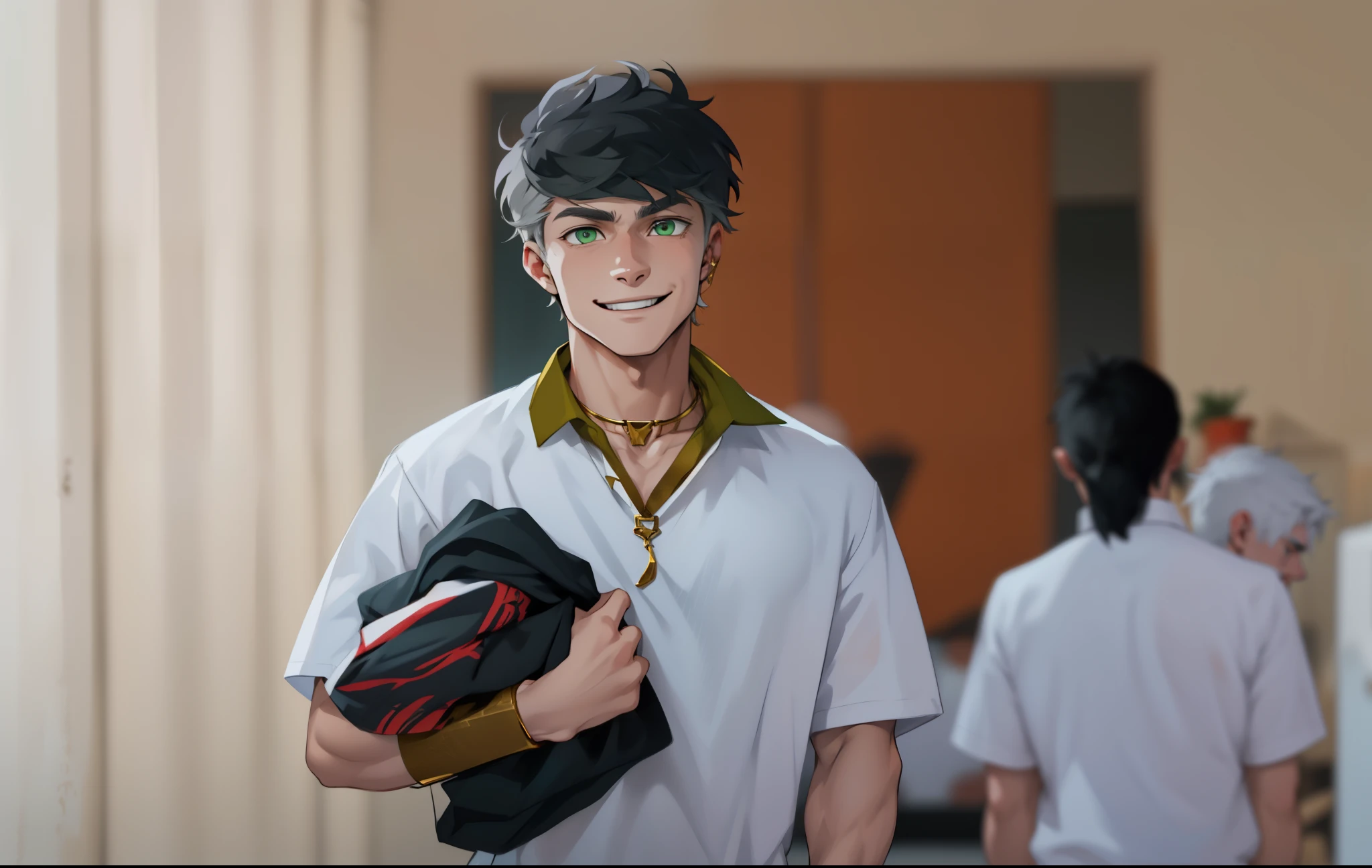 white hair young 17 year old man is walking with a mischievous smile he has green eyes white hair he has a gold necklace gold bracelets gold choker his shirt is white with gold