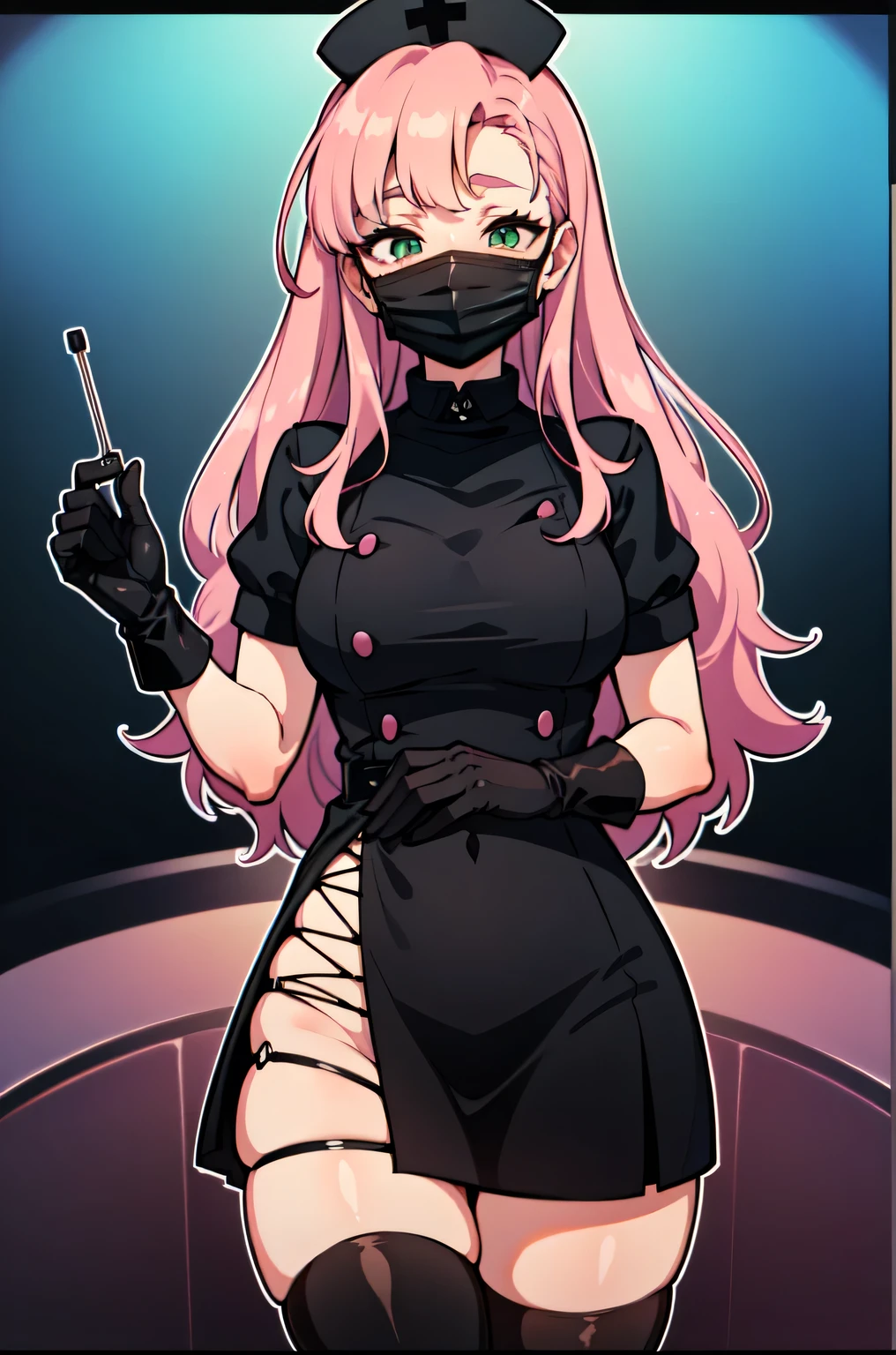 black nurse, 1woman, solo, black nurse cap, black nurse uniform, ((black legwear, zettai ryouiki)), black elbow gloves, pink hair, green eyes, drooping eyes, ((black surgical mask, covered nose)), standing, ((surgery room)), sharp outline, short sleeves, mature female, 32 years old, best quality, masterpiece