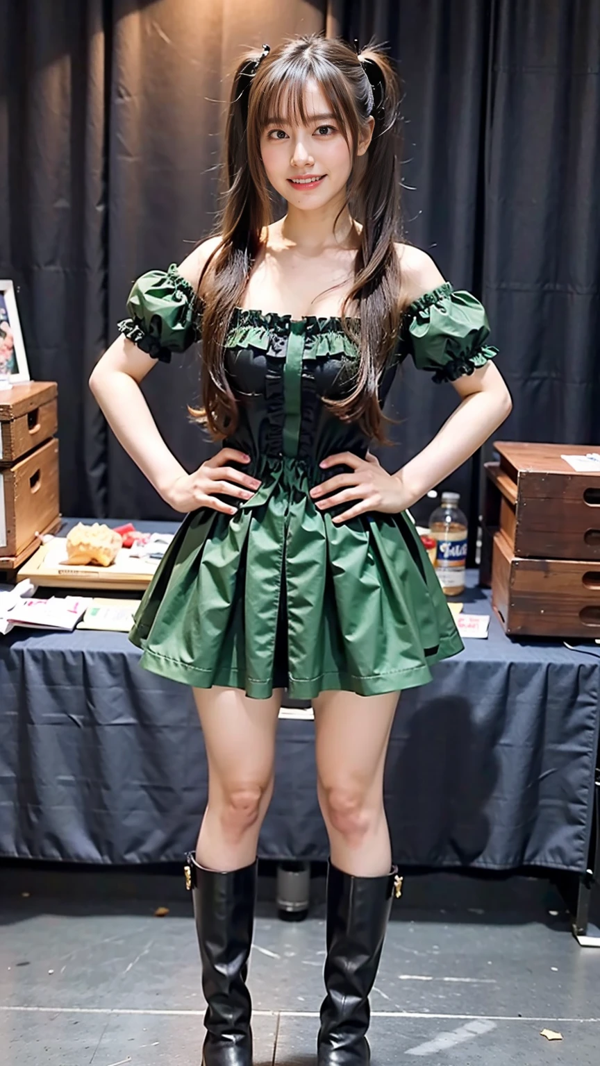 (8k、RAW Photos、highest quality、masterpiece:1.2)、(Realistic、Realistic)、1 girl、((black and green mini skirt、Twin tail hair、smile、Frills、Arm Covers、See-through、Dark Stage、Spotlight、ribbon、boots、Standing with hands on hips))、