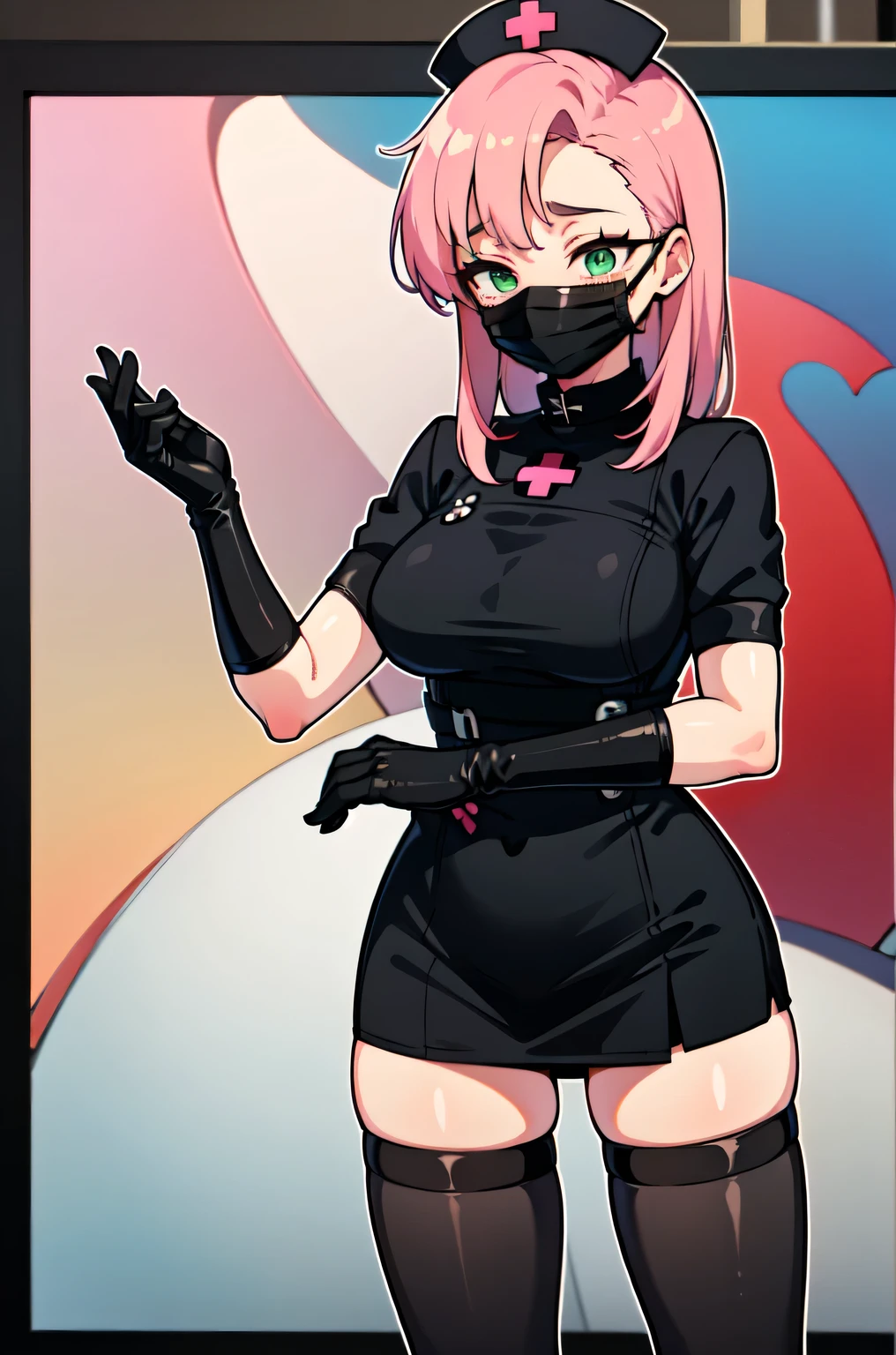 black nurse, 1woman, solo, black nurse cap, black nurse uniform, ((black legwear, zettai ryouiki)), black elbow gloves, pink hair, green eyes, drooping eyes, ((black surgical mask, covered nose)), standing, ((surgery room)), sharp outline, short sleeves, mature female, 32 years old, best quality, masterpiece