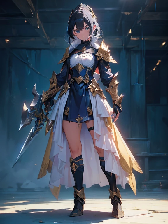 Design a layout showcase Gaming character, (1girl). Golden+Purle clothes, stylish and unique, ((showcase weapon:1.4)), magic staff, (masterpiece:1.2), (best quality), 4k, ultra-detailed, (Step by step design, layout art:1.5), (luminous lighting, atmospheric lighting), magican, ((glove full hands)), (((revealing clothes:1.3))), vambraces, armored legwear, (((full_body_shot:1.4)))
