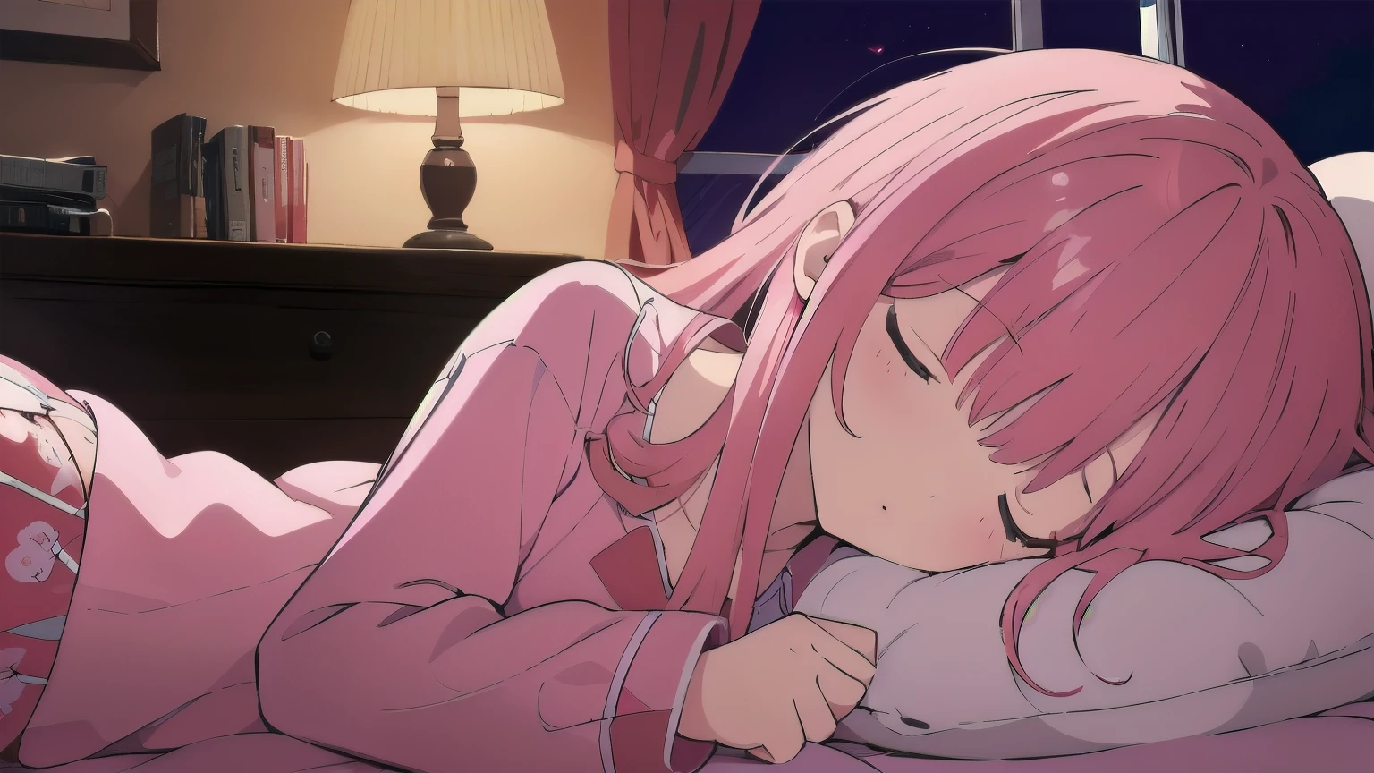 Very detailed, Detailed Background, (highest quality, masterpiece, High resolution), One girl, Mid-chest, Pink Hair, Upper Body, pajamas, long hair、 (night:1.4)、 Dimly lit room, Co-sleeping style