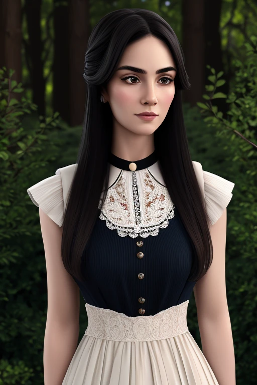 a woman with long flowing black hair, piercing eyes, a prominent unibrow, rosy cheeks, eating a juicy red apple, wearing a Victorian-style vest and lace collar, standing in a lush meadow with a unicorn, (best quality,4k,8k,highres,masterpiece:1.2),ultra-detailed,intricate details, striking colors, dramatic lighting, stallintheunicow, brushy, painterly