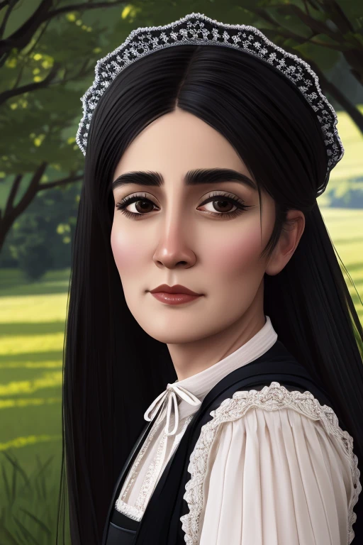 a woman with long flowing black hair, piercing eyes, a prominent unibrow, rosy cheeks, eating a juicy red apple, wearing a Victorian-style vest and lace collar, standing in a lush meadow with a unicorn, (best quality,4k,8k,highres,masterpiece:1.2),ultra-detailed,intricate details, striking colors, dramatic lighting, stallintheunicow, brushy, painterly