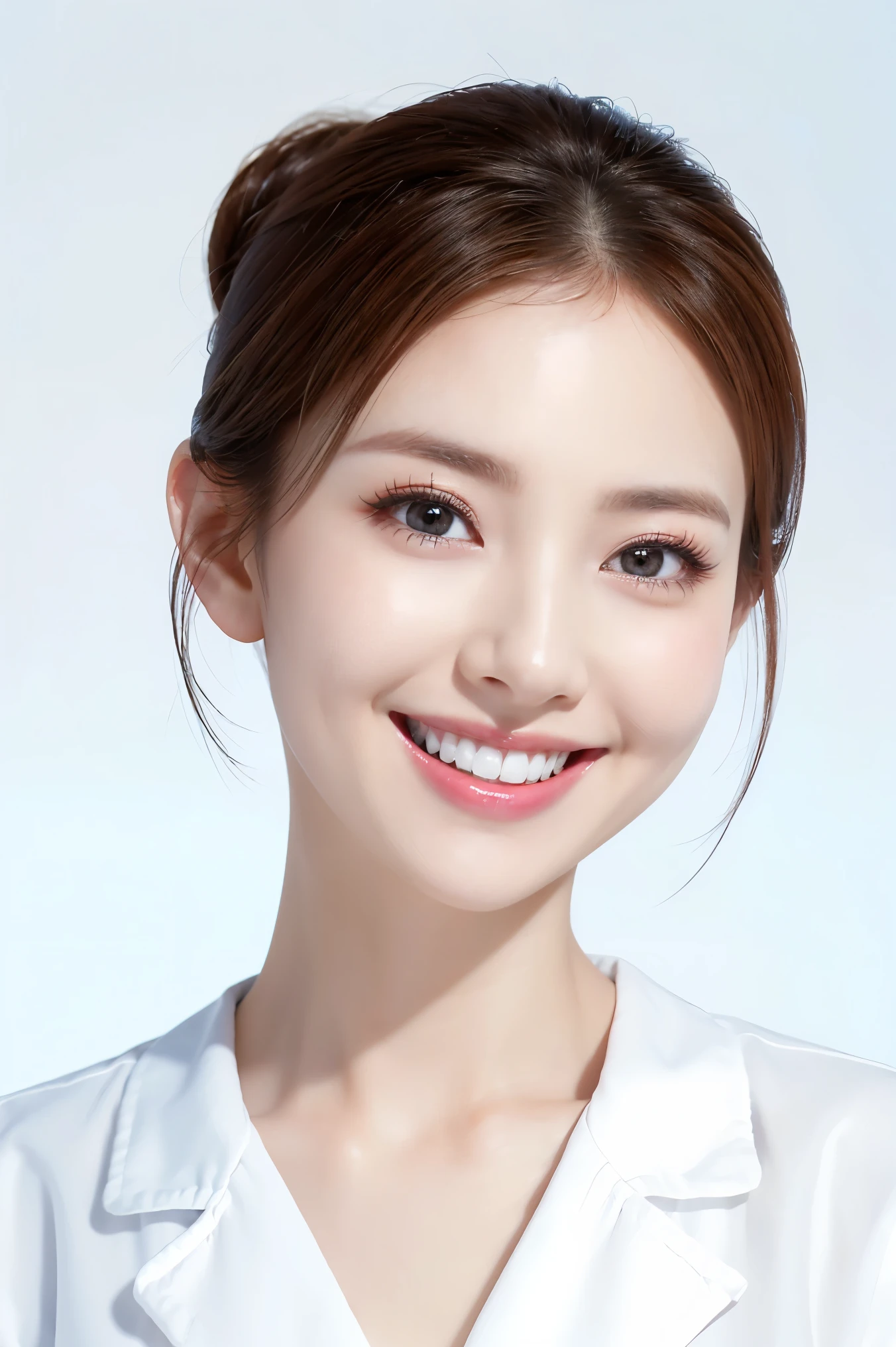 (Tabletop、highest quality、8k、Award-winning works、Ultra-high resolution)、one beautiful nurse、The perfect white nurse uniform、Chignon、Accurate anatomy、Perfect beautiful white teeth、Biggest Smile、(Blurred white wall background:1.1)、Very bright lighting、(Close-up of face:1.3)、Perfect beautiful makeup