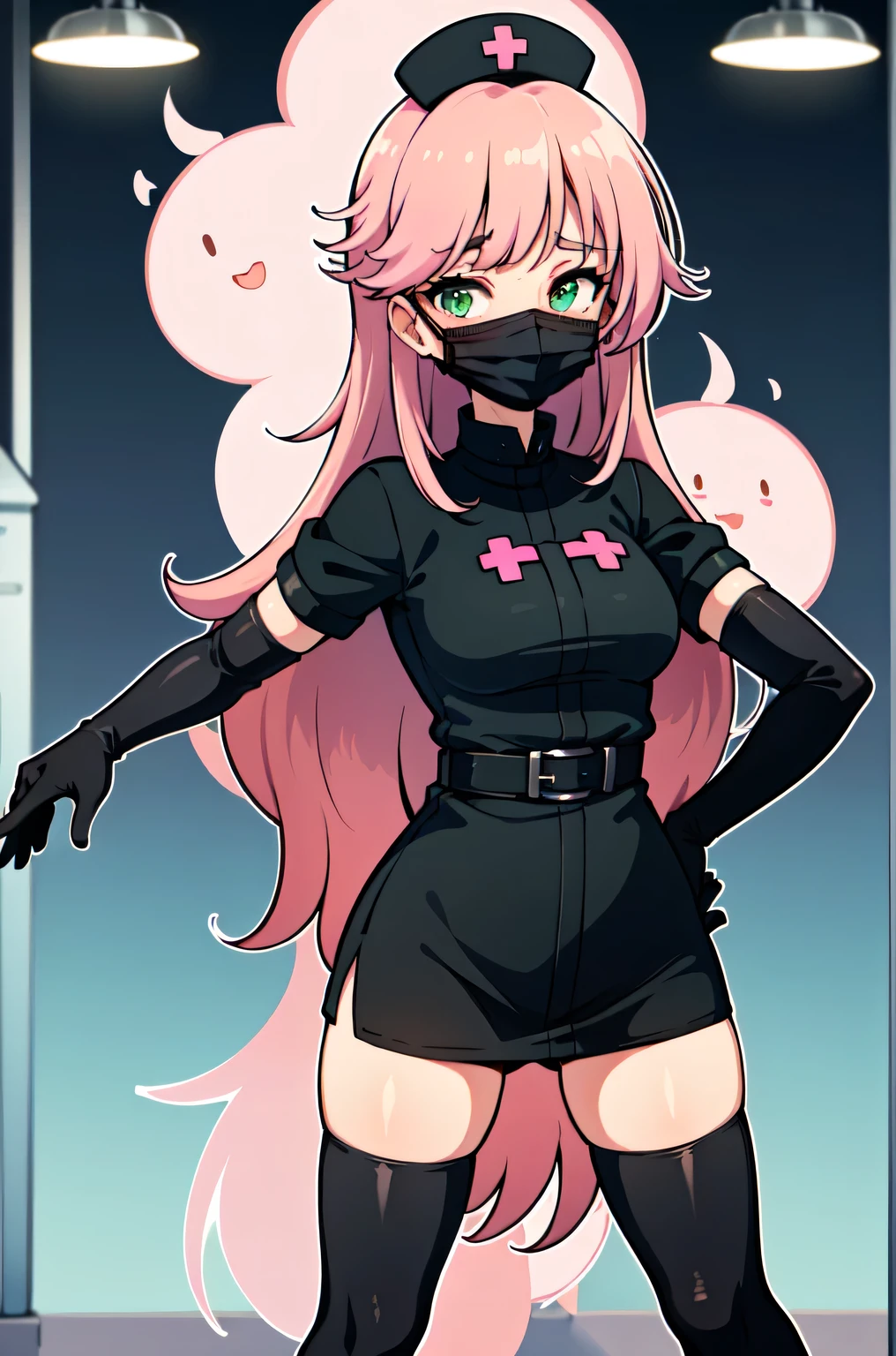 black nurse, 1woman, solo, black nurse cap, black nurse uniform, ((black legwear, zettai ryouiki)), black elbow gloves, pink hair, green eyes, drooping eyes, ((black surgical mask, covered nose)), standing, ((surgery room)), sharp outline, short sleeves, mature female, 32 years old, best quality, masterpiece