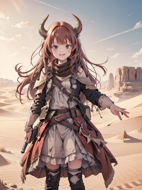 masterpiece, highest quality, Very detailed, 16k, Ultra-high resolution, Cowboy Shot, Detailed face, Perfect Fingers, ****************, horn, Red Hair, desert, Stand in the center, Laugh fearlessly