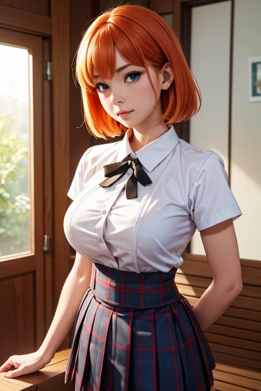 sit in Sauna room , Sauna room , steam , waistband of skirt is at the point above chest , plaid skirt , pleated skirt , Tight shirt , white Shirt , school girl , skirt under breasts , skirt is near breasts area , skirt is adjacent to the chest , (masterpiece, best quality, hires, high resolution:1.2, 4k, 8k , high quality), extremely detailed, realistic, intricate details, highres, 1girl, solo, (large breasts, thick thighs, wide hips), arched back,(cinematic lighting, sunlight, perfect lighting, backlighting), eye-level shot, extreme close-up-shot, looking at viewer, , green skirt nakano_yotsuba_ecsta, blue eyes, orange hair, hair ribbon, nakano yotsuba, short hair, green ribbon, hair between eyes