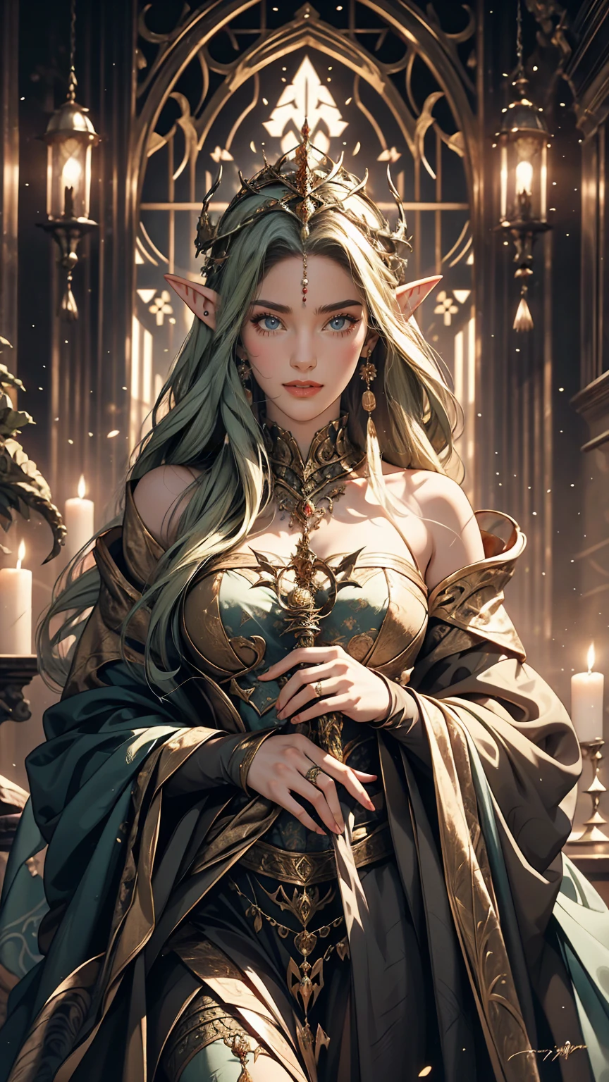 Symmetrical tarot card concept art、Dunham (Very provocative)+ Elven Queen Costume, Lovecraftian Madness Theme,  Lee Bersten, Tarot 512, 8k, High detail, complicated