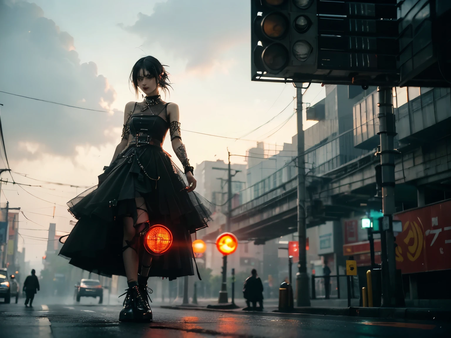 technoir, cool colors, artistically refined, true-to-life visuals, breathtaking aesthetics, tranquility, subdued lighting effect, diffused natural skin glow, Broken traffic light, Girl observing, 24-years-old, slender, floating Medium Hair, bangs, (Gothic_punk dress:1.2), masterpiece, best quality, RAW Photos, candytt, zwd