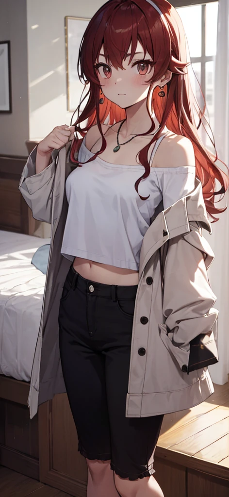 High resolution、{Very tight white t-shirt:1.0}、Tight black hot pants、barefoot、real skin、Crisp skin、casual、big earrings、necklace、cowboy shot、off shoulder、((close))