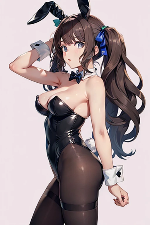 tosen jordan \(umamusume\), playboy bunny, black rabbit ears, fake rabbit ears, pantyhose, black pantyhose,bowtie, wrist cuffs, black leotard,, {best quality}, {very aesthetic}, {ultra-detailed}, {best illustration}, nsfw, 1girl, 1man, sex, standing doggy, from side, big tits