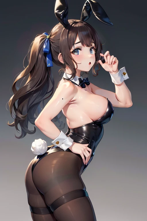 tosen jordan \(umamusume\), playboy bunny, black rabbit ears, fake rabbit ears, pantyhose, black pantyhose,bowtie, wrist cuffs, black leotard,, {best quality}, {very aesthetic}, {ultra-detailed}, {best illustration}, nsfw, 1girl, 1man, sex, standing doggy, from side, big tits