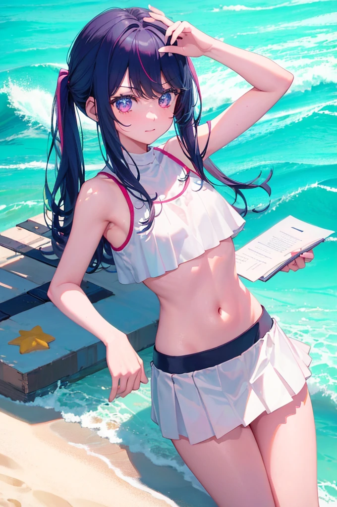 Ai Hoshino,nackt,nackt,hot,sexy,beautiful,Perfect Body,1girls,medium ,Meisterwerk,Perfektes Gesicht,ausdrucksstarkes Gesicht,nackt,strand,bikini top,no jacked,short skirt,only bikini top,young,not tall,small tighs,short,18 years old,beach,medium 