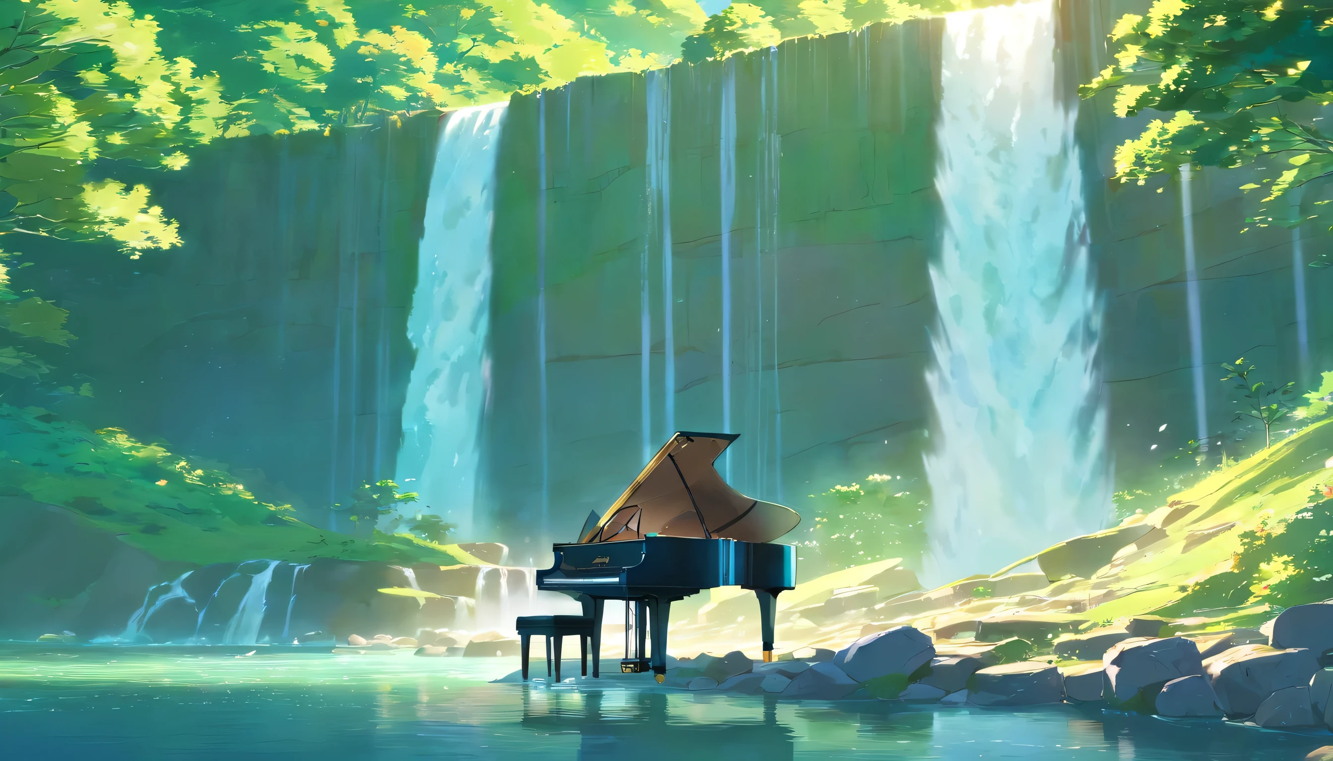 A grand piano placed beside a small stream flowing from a waterfall、Water is splashing from the waterfall、Fresh green tree々Sparkling、A piano in a safe place